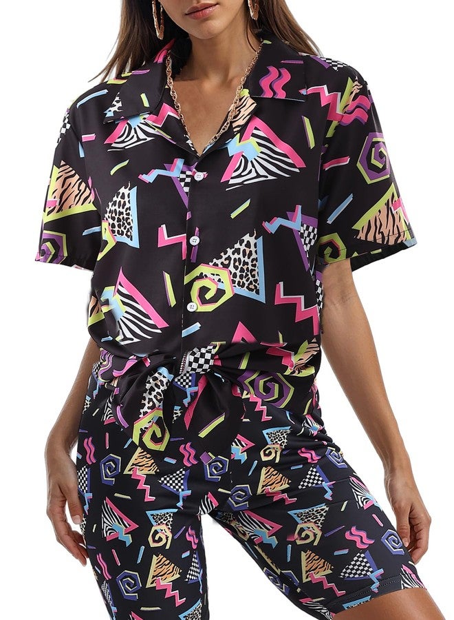 WILDPARTY 80s 90s Outfit for Women Retro Theme Party Disco Outfit Hip Hop Costume Button Up Blouse Tops Casual Short Sleeve Hawaiian Vintage 6PCS Black-2XL - Image 2